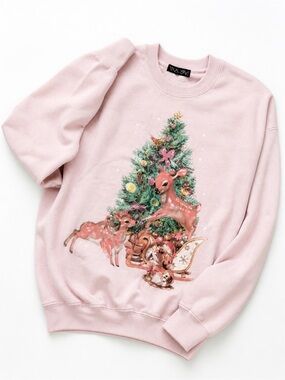 Pink Deer & Tree Graphic Crewneck Sweatshirt